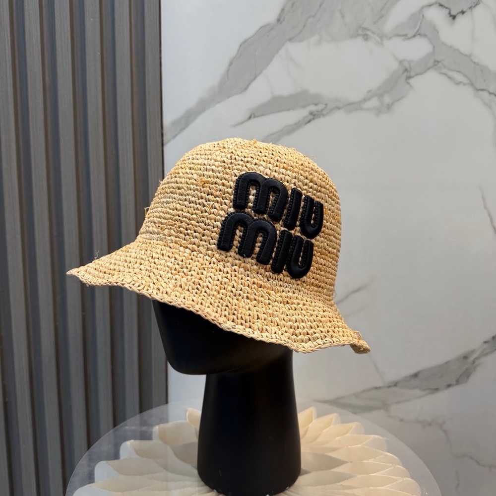 Miu Miu Natural Beige Woven Bucket Hat with Black Logo